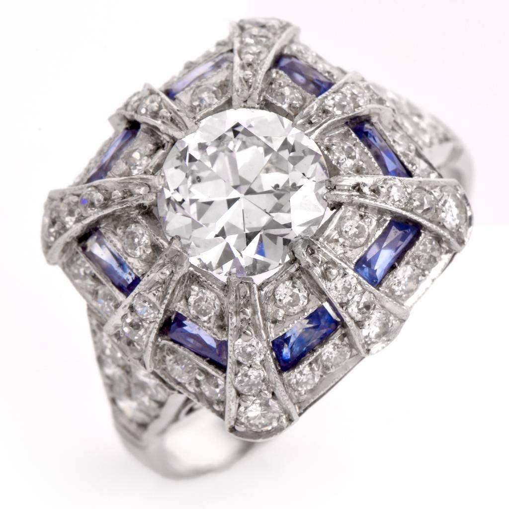  1930's Sapphire Diamond Platinum Engagement Ring 1
