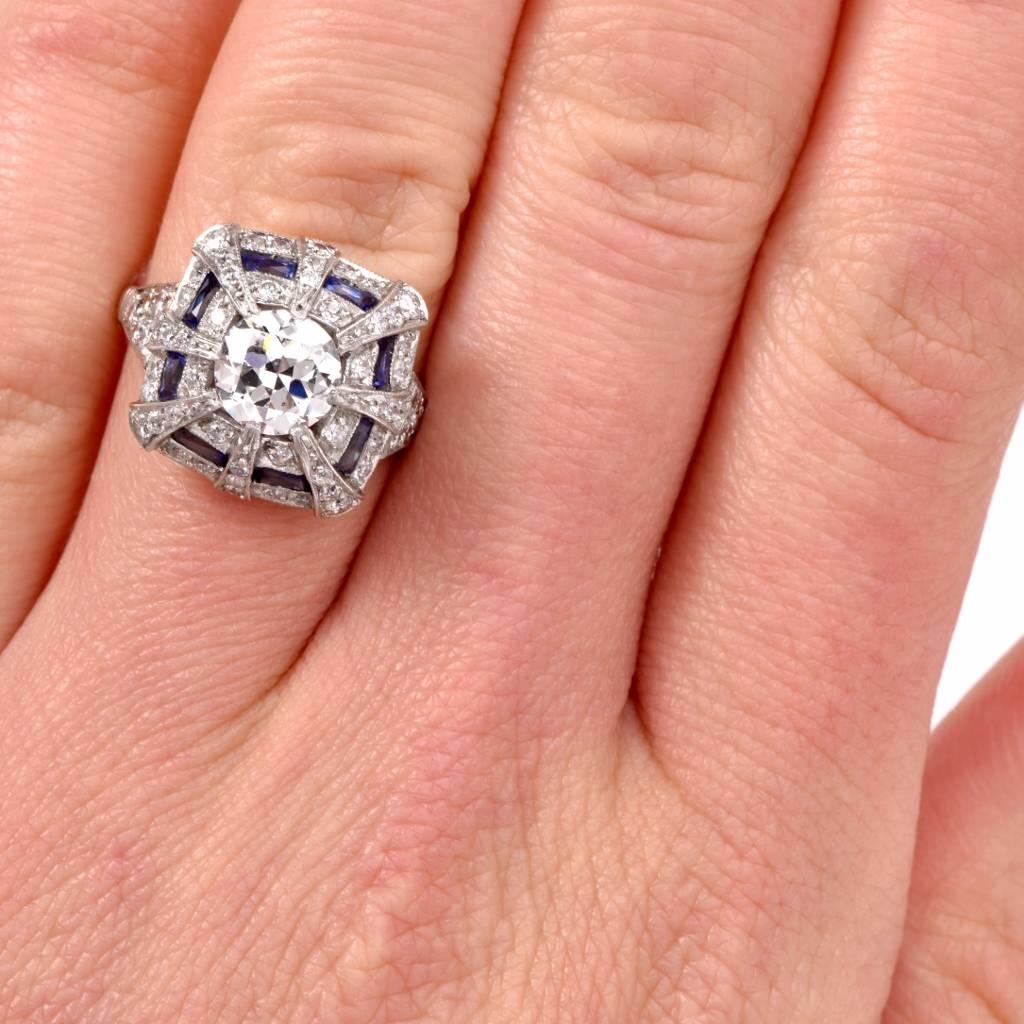  1930's Sapphire Diamond Platinum Engagement Ring 2