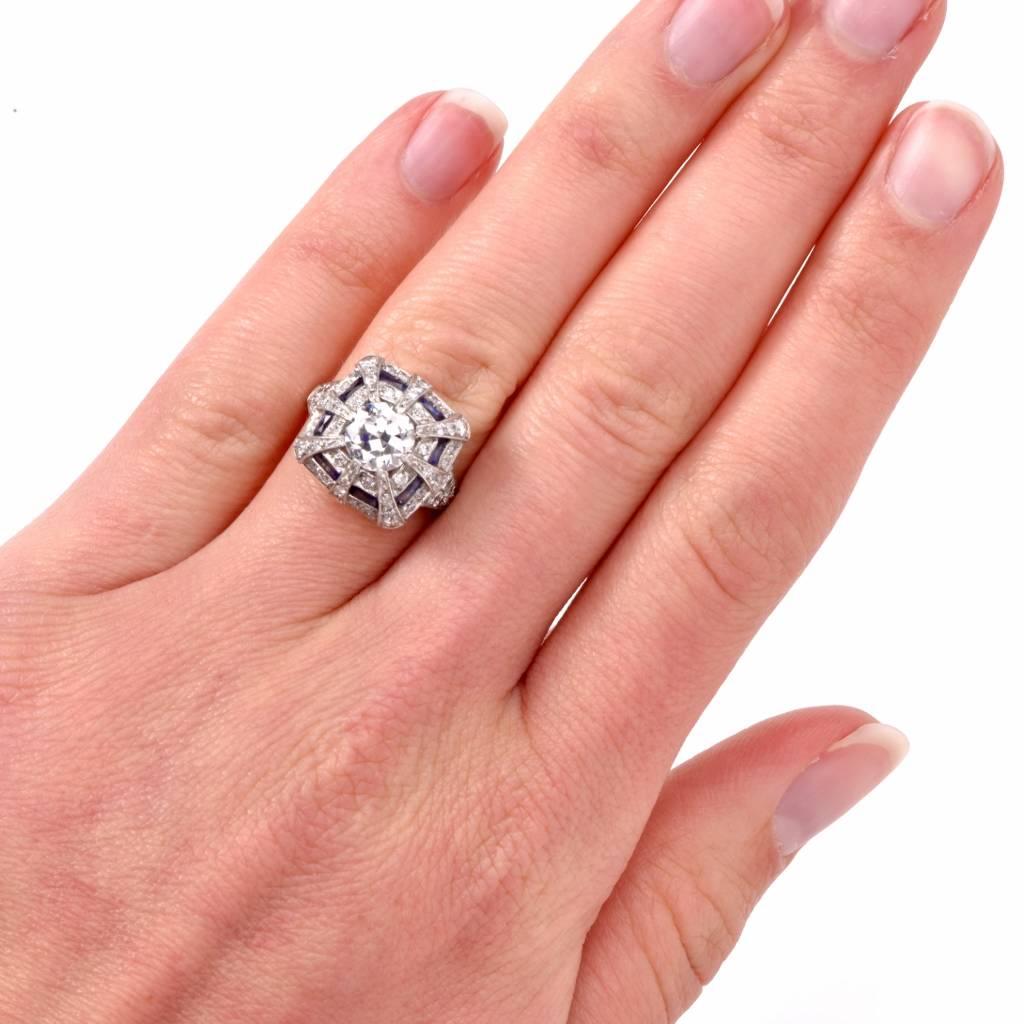 Art Deco  1930's Sapphire Diamond Platinum Engagement Ring