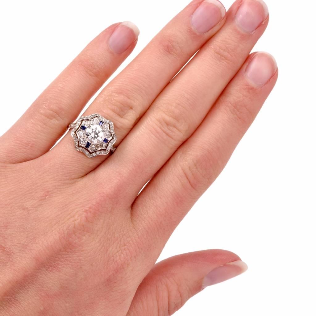 Art Deco Diamond Sapphire Platinum Engagement Ring In Excellent Condition In Miami, FL
