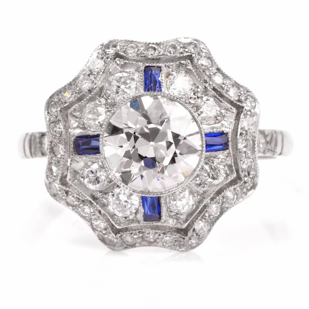 Art Deco Diamond Sapphire Platinum Engagement Ring 1