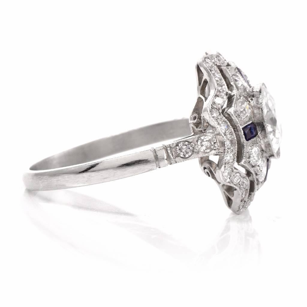 Art Deco Diamond Sapphire Platinum Engagement Ring 3