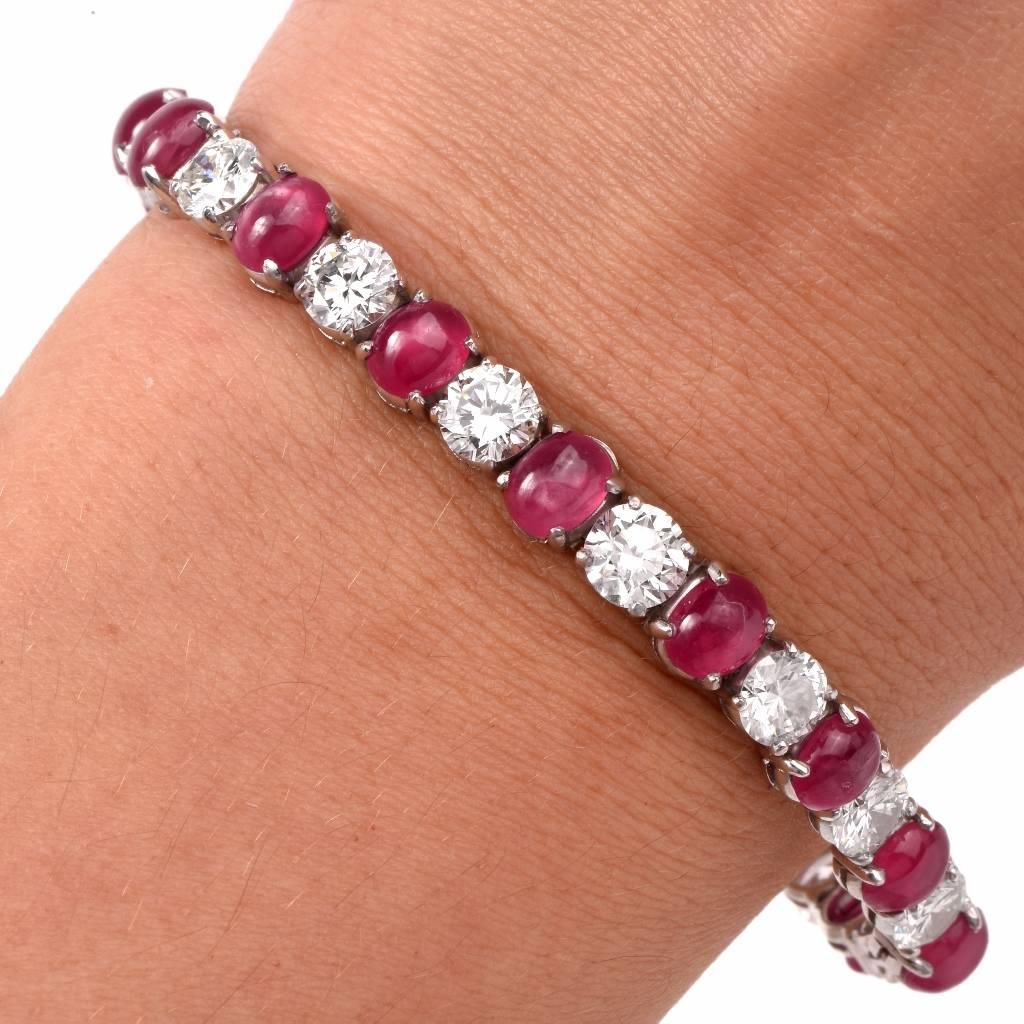 1950s Burma Natural Ruby and Diamond Platinum Line Bracelet In Excellent Condition In Miami, FL