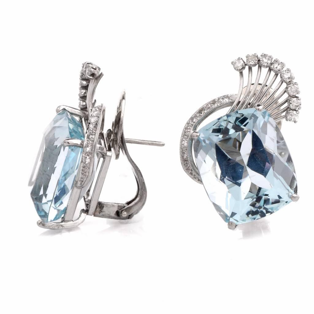 Retro Aquamarine Diamond Platinum Clip-Back Earrings In Excellent Condition In Miami, FL