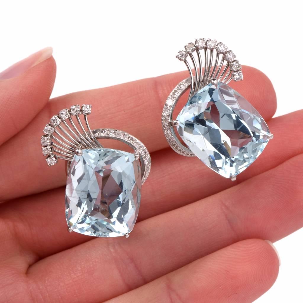Retro Aquamarine Diamond Platinum Clip-Back Earrings 1