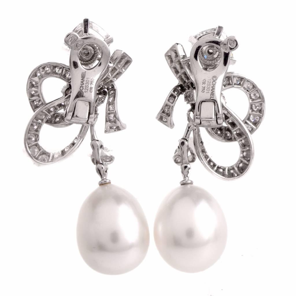 Chanel Pearl White Cushion-Cut GIA Diamond Gold Pendant Earrings 1