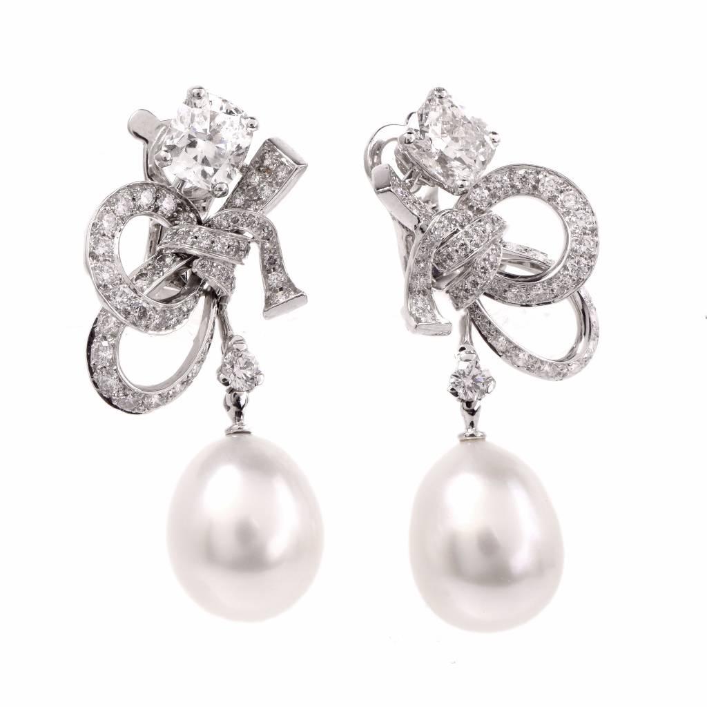 Art Deco Chanel Pearl White Cushion-Cut GIA Diamond Gold Pendant Earrings