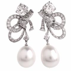 Retro Chanel Pearl White Cushion-Cut GIA Diamond Gold Pendant Earrings