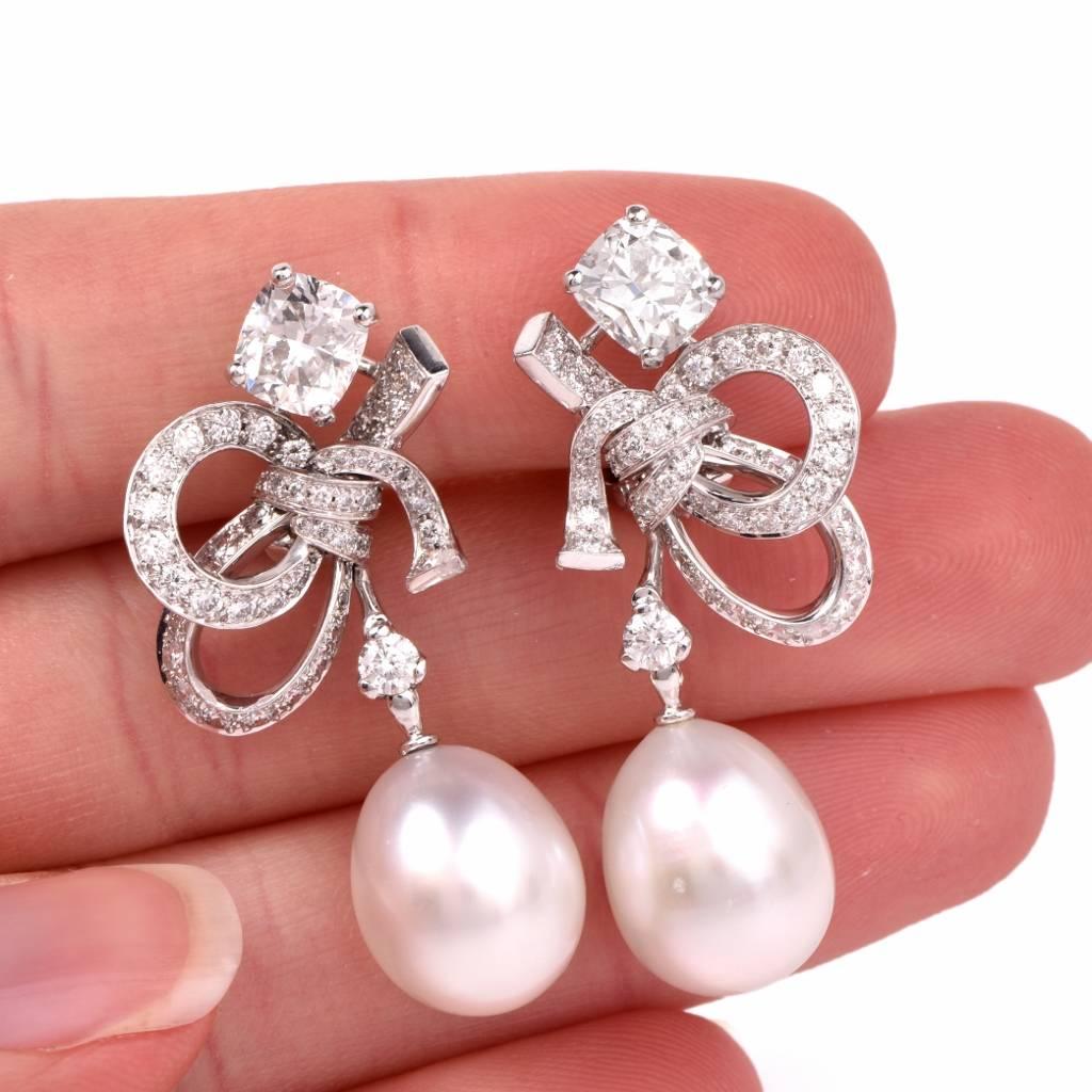 Chanel Pearl White Cushion-Cut GIA Diamond Gold Pendant Earrings 3