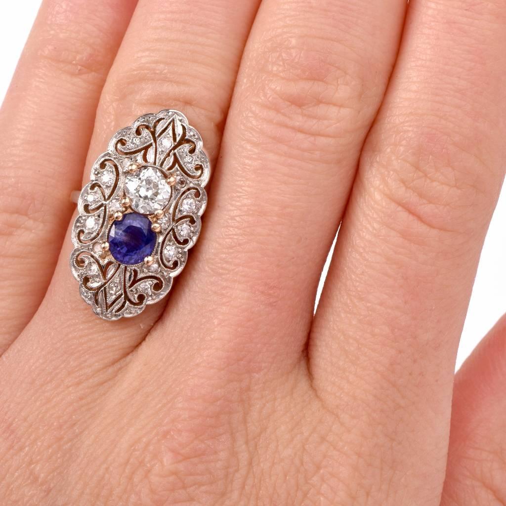 Antique Art Deco Sapphire Diamond Gold Platinum Filigree Ring In Excellent Condition In Miami, FL