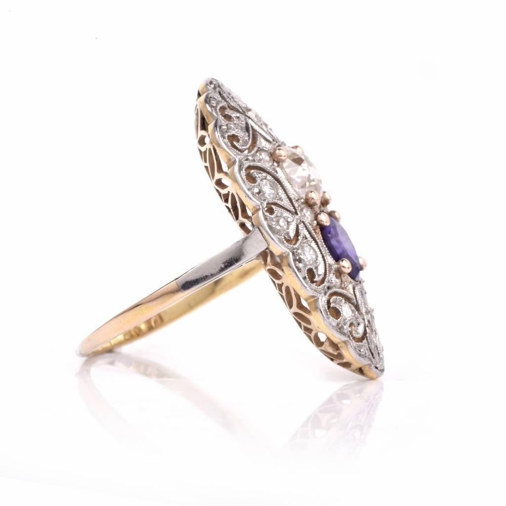 Women's Antique Art Deco Sapphire Diamond Gold Platinum Filigree Ring