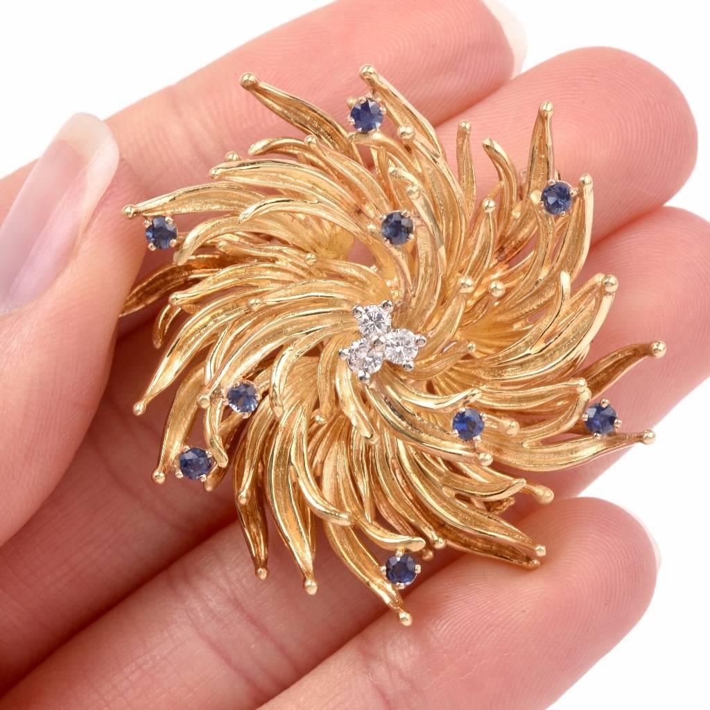 Women's Vintage Tiffany & Co. Sapphire Diamond Gold Floral Motif Pin Brooch