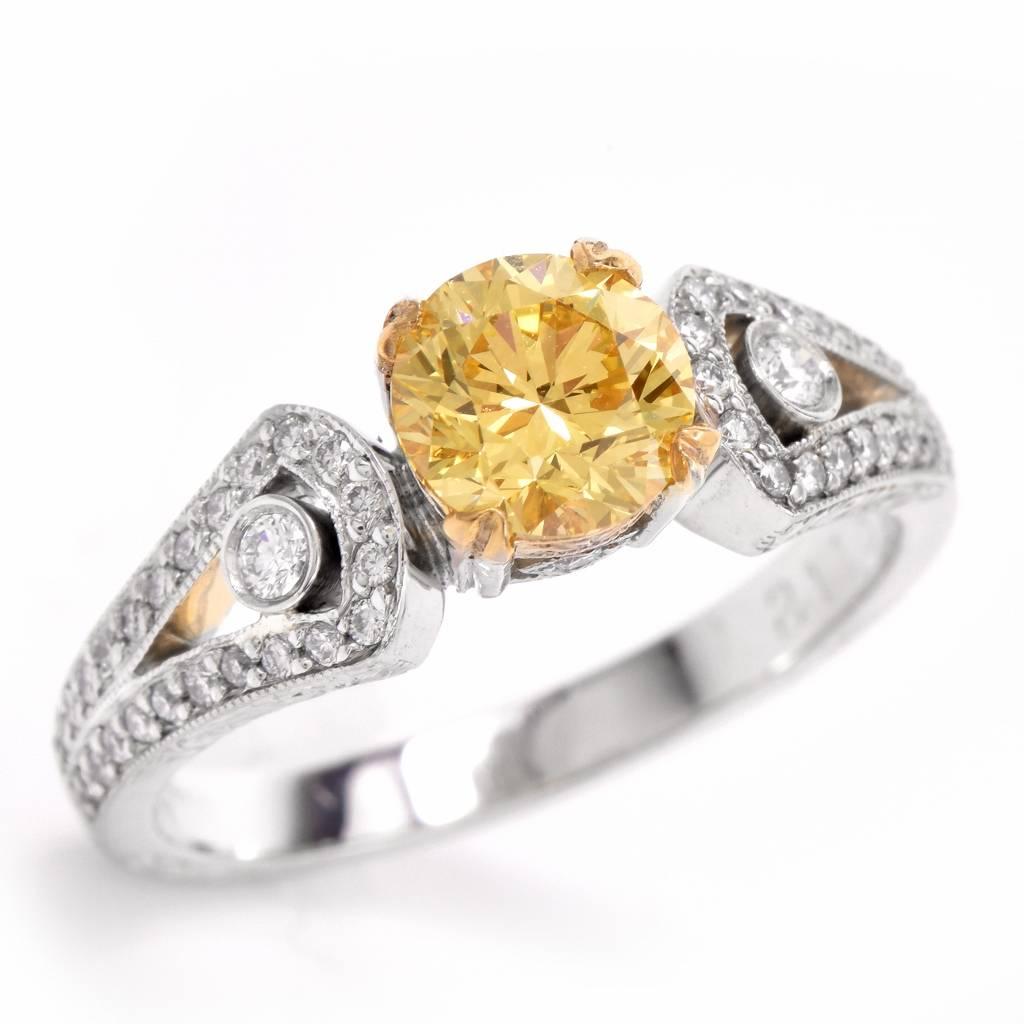 Women's GIA Cert Fancy Intense Yellow Diamond Platinum Engagement  Ring 