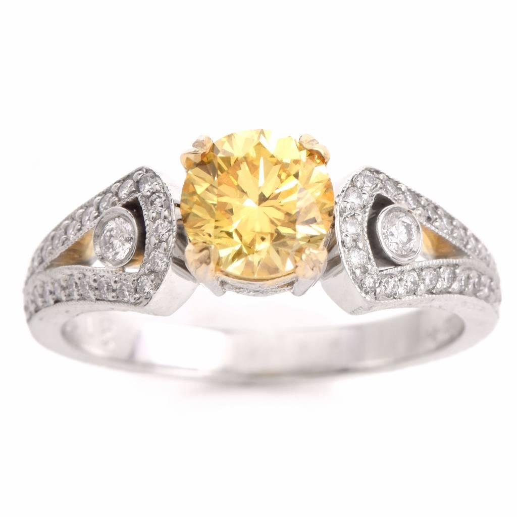GIA Cert Fancy Intense Yellow Diamond Platinum Engagement  Ring  2