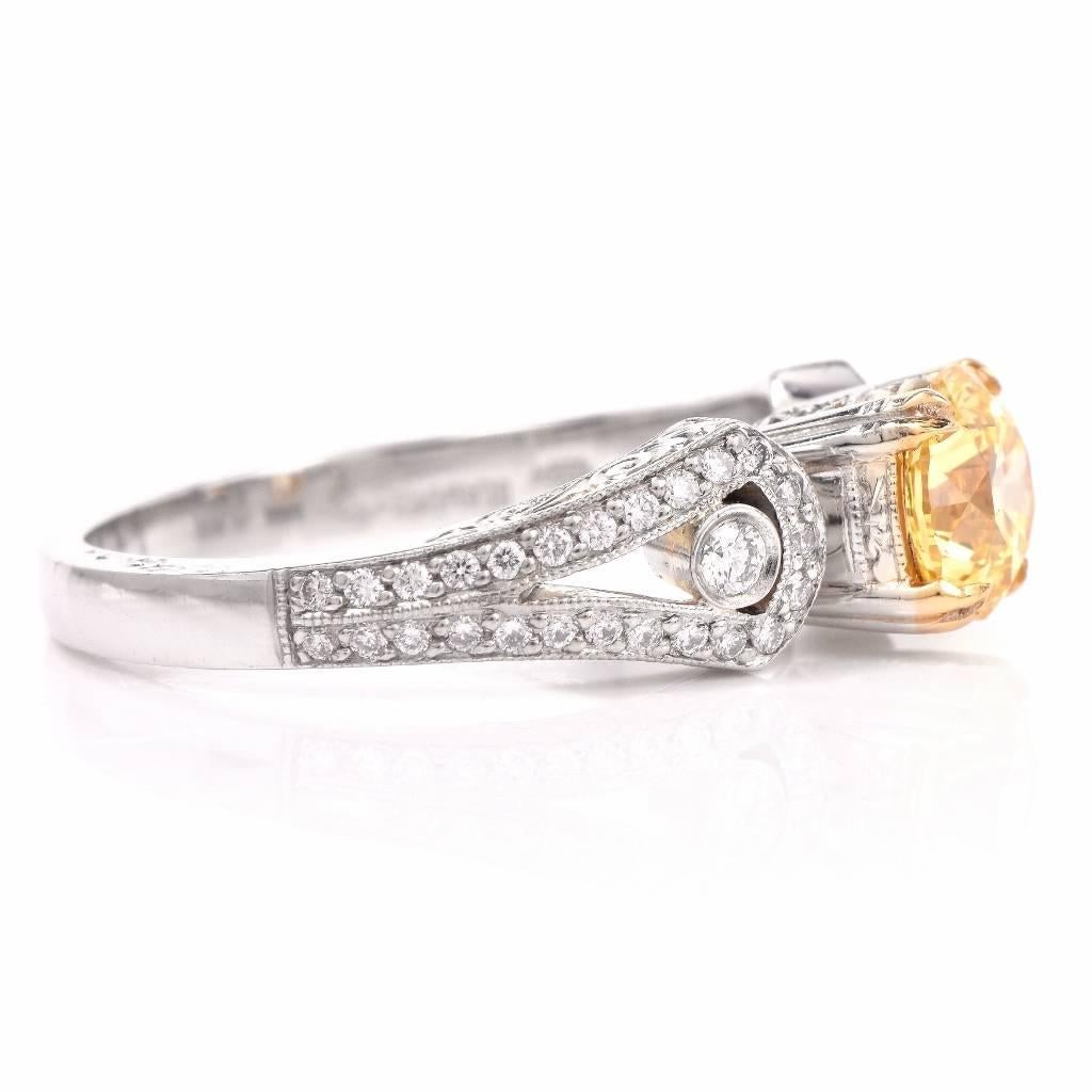 GIA Cert Fancy Intense Yellow Diamond Platinum Engagement  Ring  3