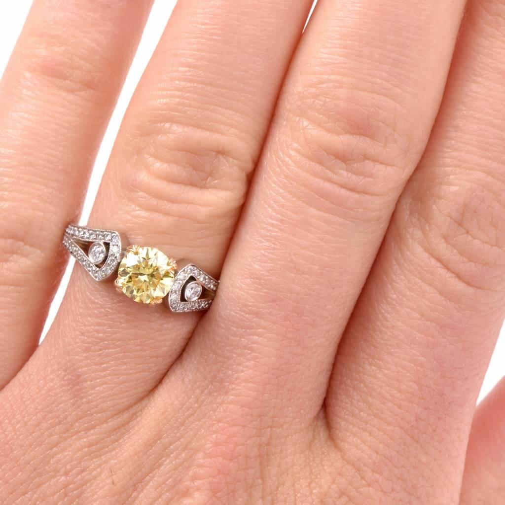 GIA Cert Fancy Intense Yellow Diamond Platinum Engagement  Ring  4