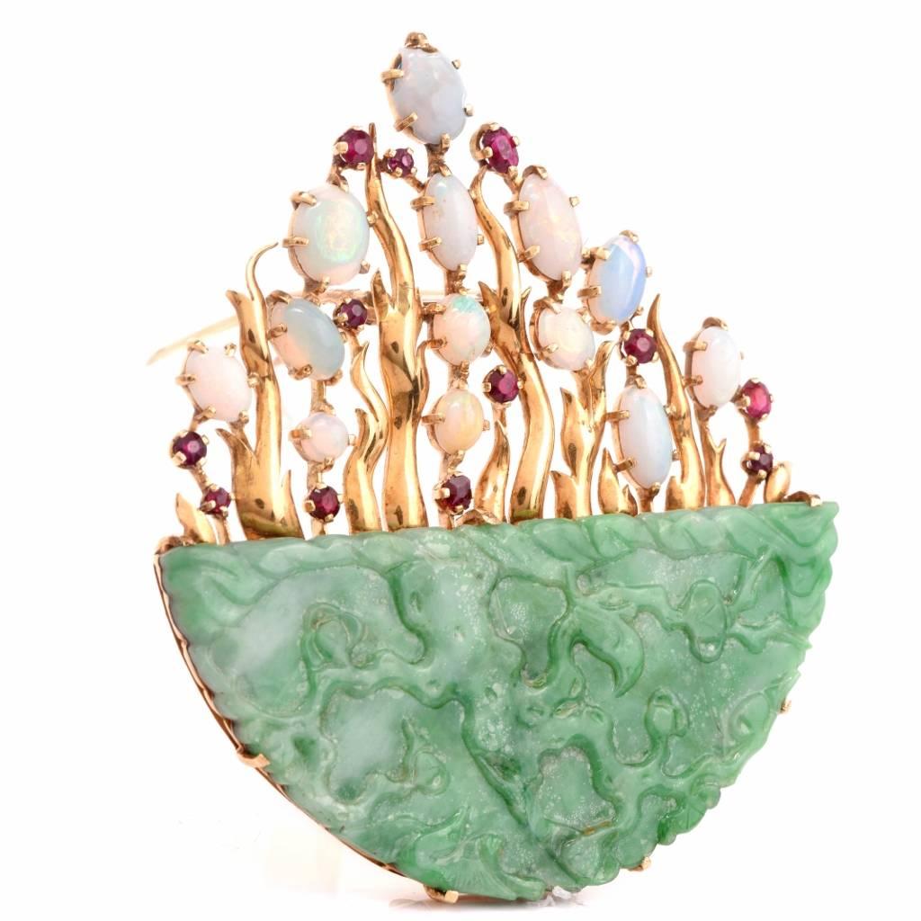 English Jade Opal Ruby Gold Floral Brooch In Excellent Condition In Miami, FL
