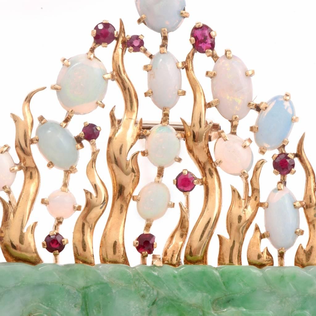 Women's English Jade Opal Ruby Gold Floral Brooch