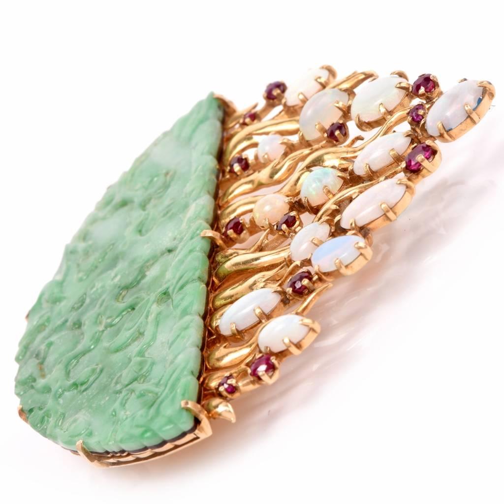 English Jade Opal Ruby Gold Floral Brooch 3