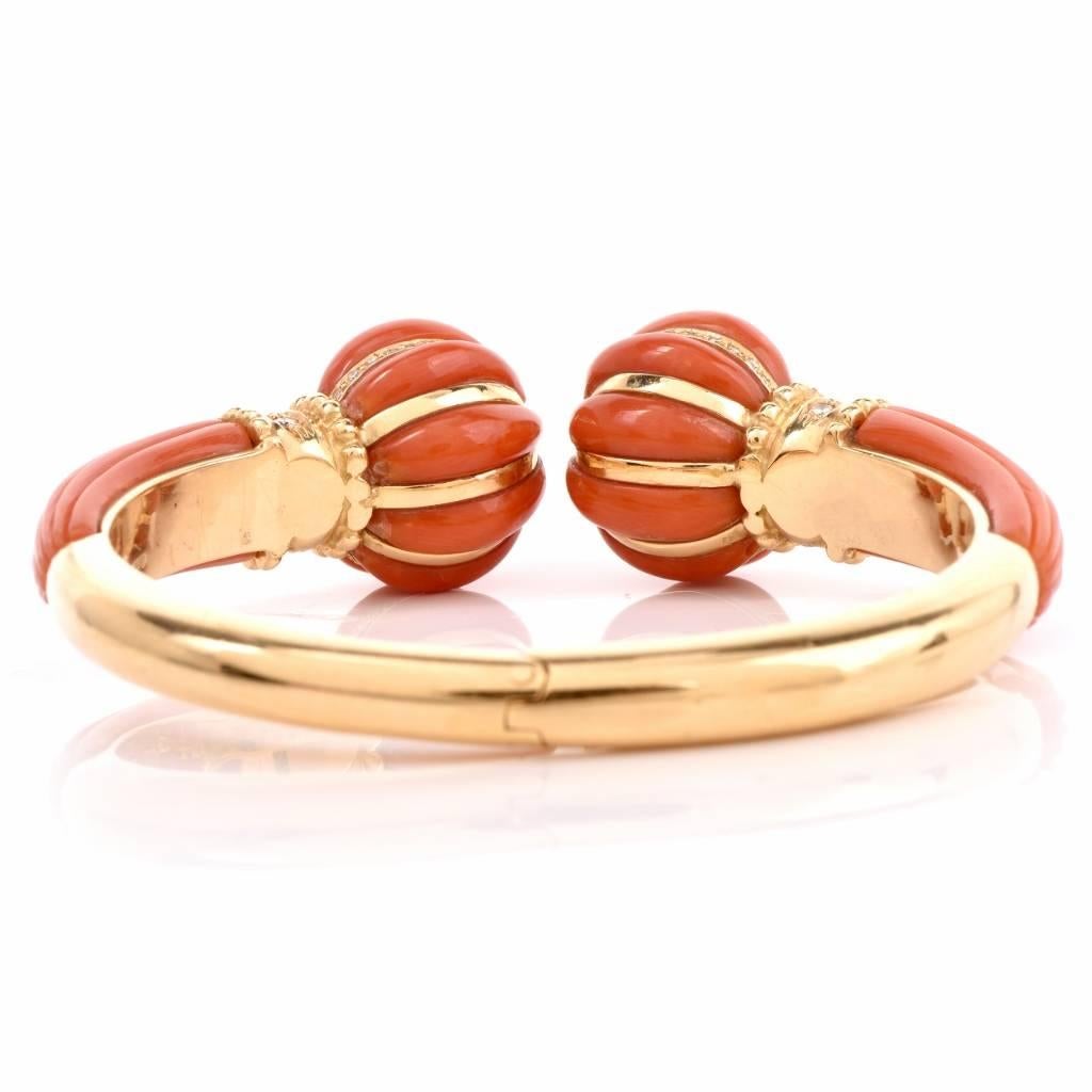 Italian Natural Coral Diamond Gold Cuff Bangle Bracelet 1