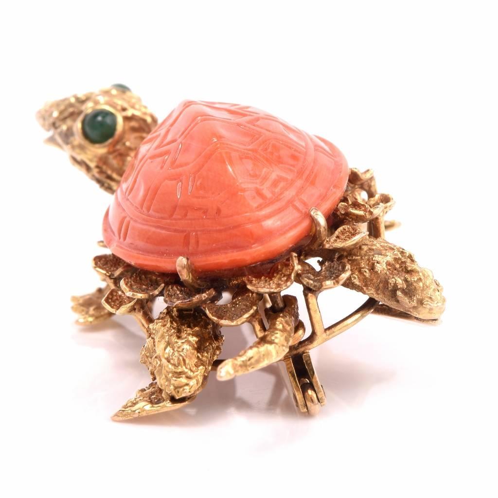 Retro 1960s Italian Coral Gold Turtle Brooch Pin
