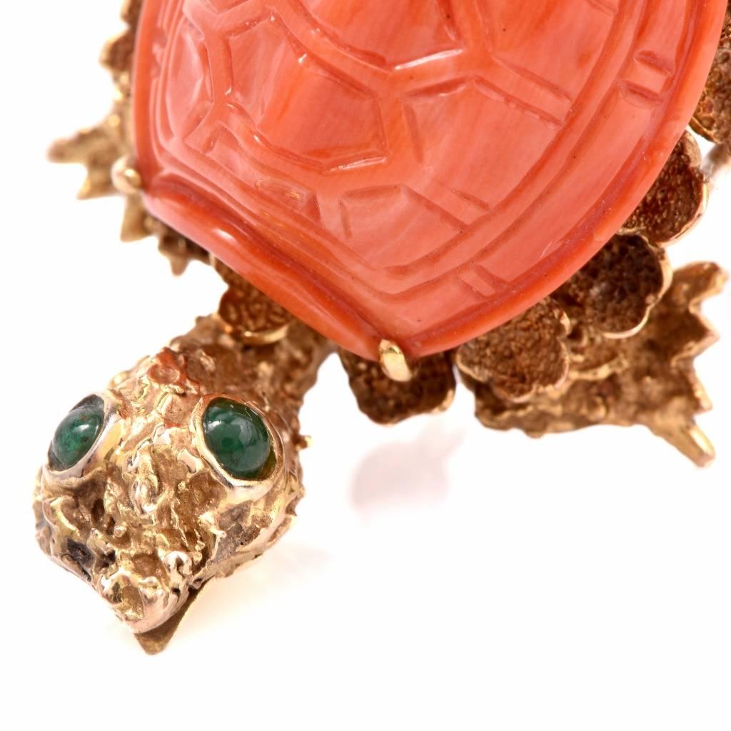 1960s Italian Coral Gold Turtle Brooch Pin In Excellent Condition In Miami, FL