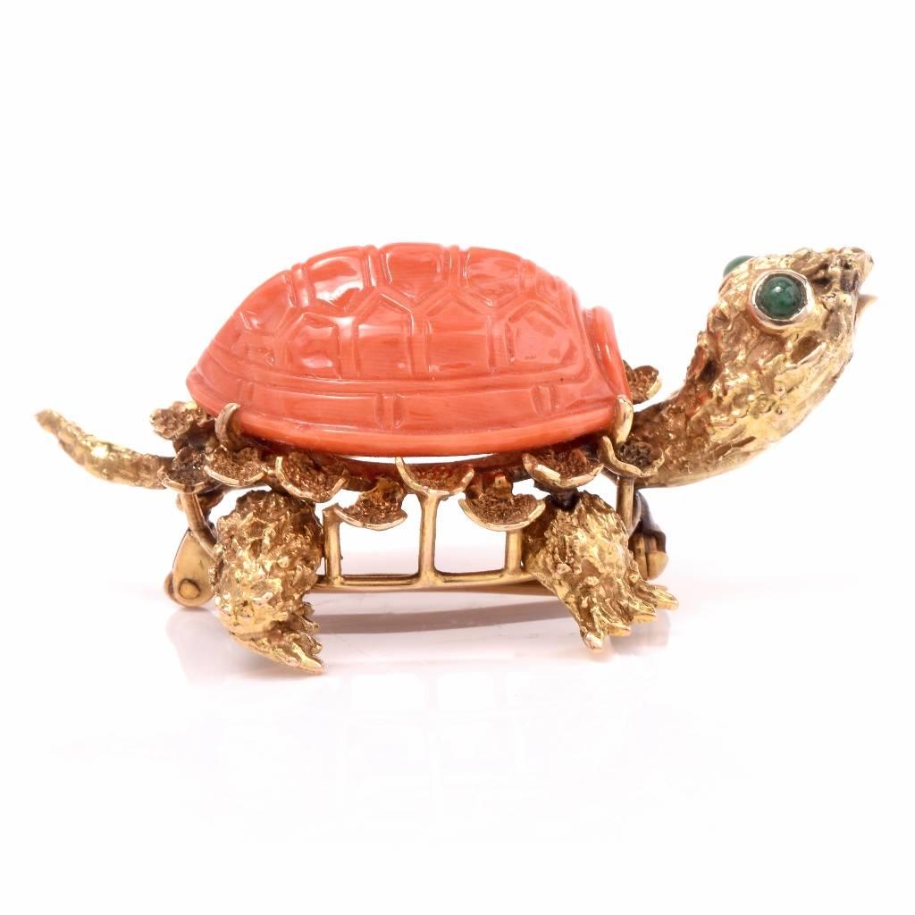 Women's or Men's 1960s Italian Coral Gold Turtle Brooch Pin