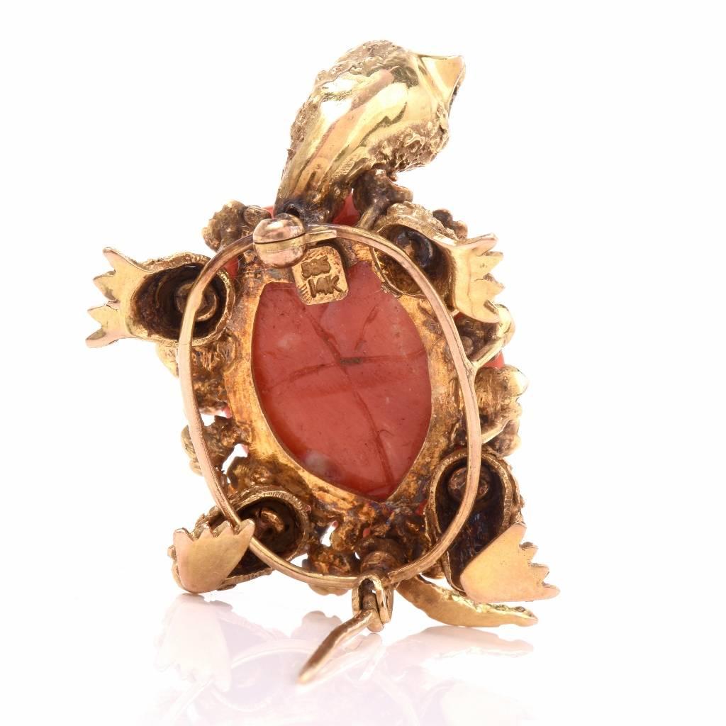 1960s Italian Coral Gold Turtle Brooch Pin 1