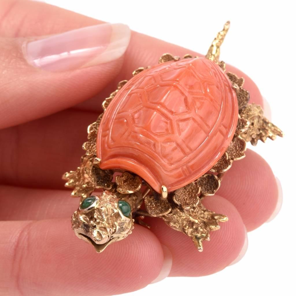 1960s Italian Coral Gold Turtle Brooch Pin 2