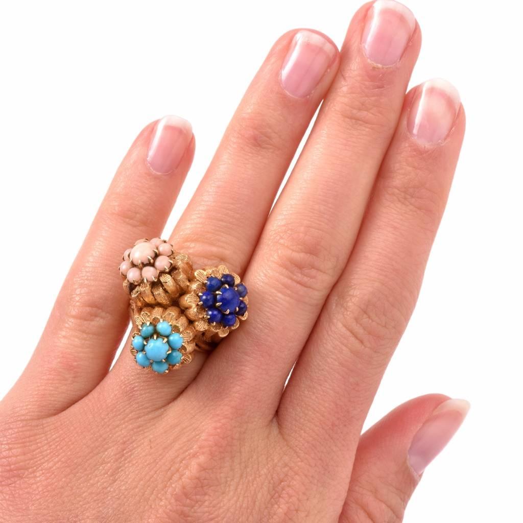 1960s Coral Turquoise Lapis Lazuli Gold Ring In Excellent Condition In Miami, FL