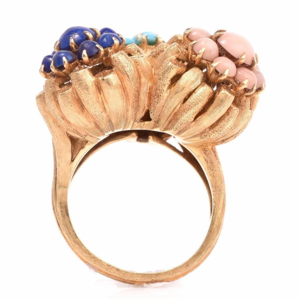 1960s Coral Turquoise Lapis Lazuli Gold Ring 1