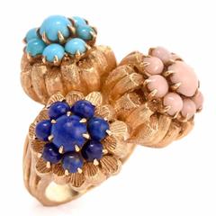 1960s Coral Turquoise Lapis Lazuli Gold Ring