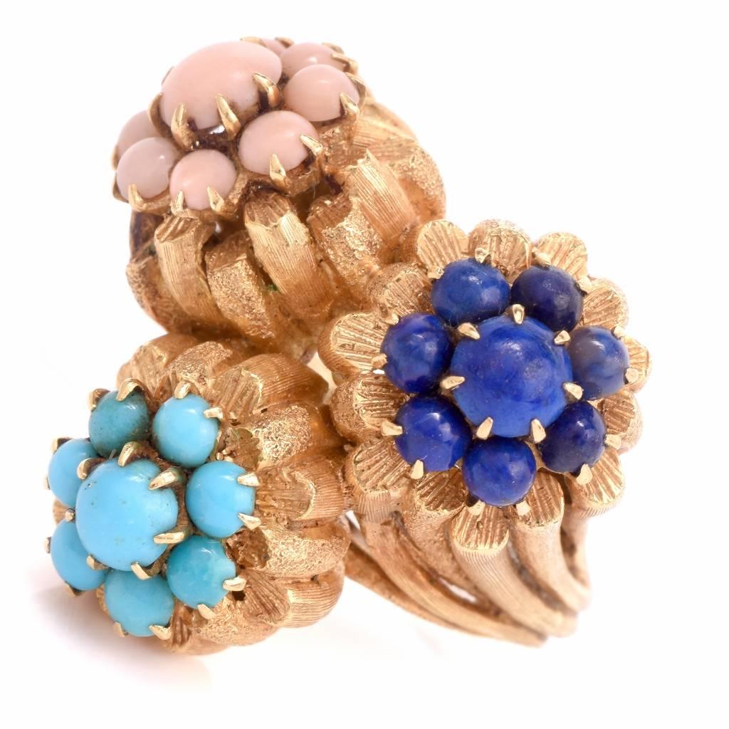 Women's 1960s Coral Turquoise Lapis Lazuli Gold Ring