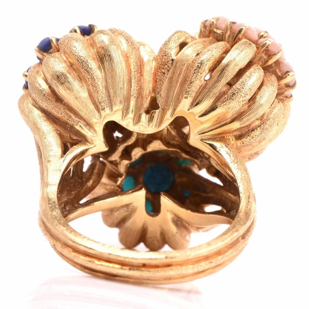1960s Coral Turquoise Lapis Lazuli Gold Ring 3