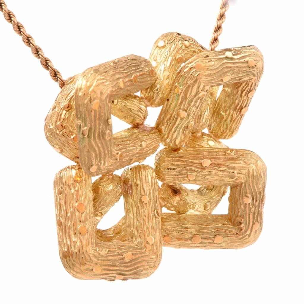 Women's or Men's 1970s Stylish Heavy Bold Textured Gold Design Pendant