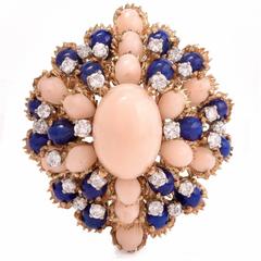 1960s Lapis Lazuli Coral Diamond gold Brooch Pin and Pendant