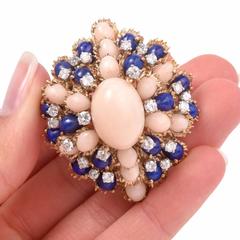 1960s Lapis Lazuli Coral Diamond gold Brooch Pin and Pendant