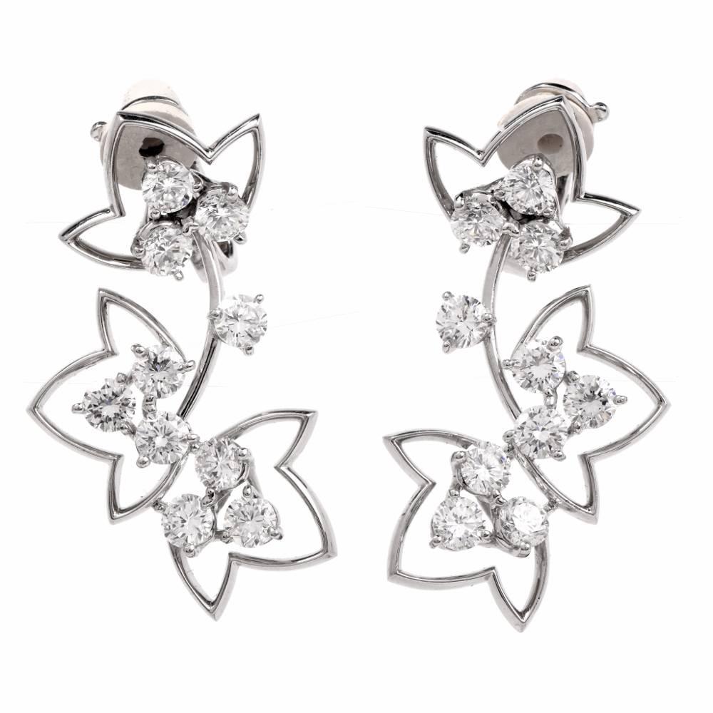 French Diamond Platinum Flower Drop Earrings For Sale