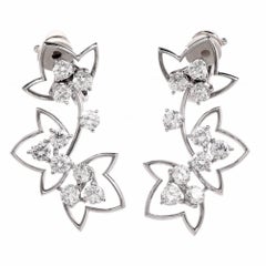 French Diamond Platinum Flower Drop Earrings