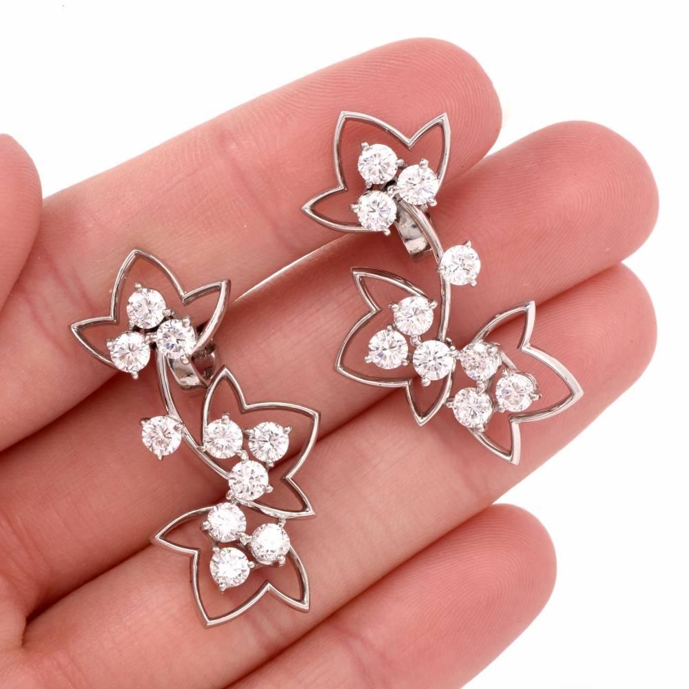 Contemporary French Diamond Platinum Flower Drop Earrings For Sale