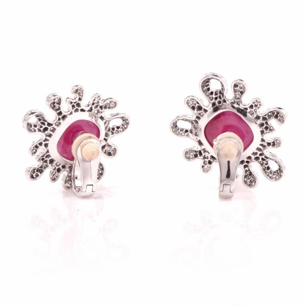 Women's Modern French  Cabochon Ruby Diamond  Earrings