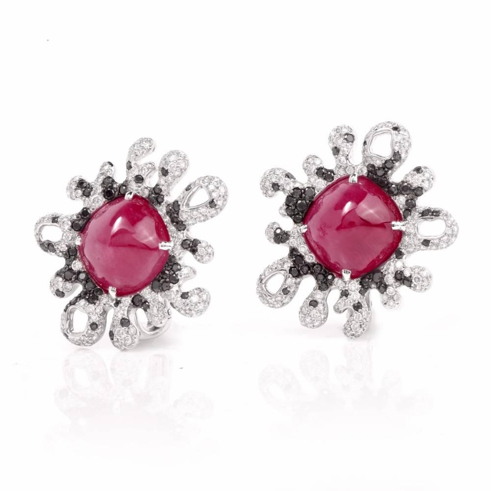 Modern French  Cabochon Ruby Diamond  Earrings 1