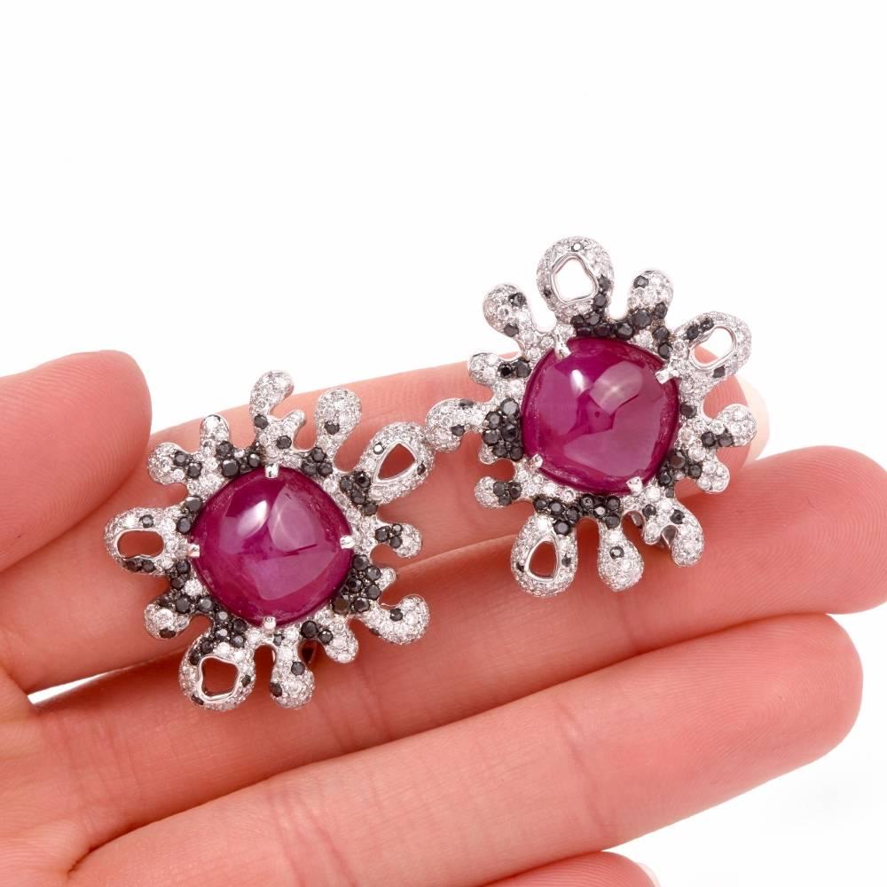 Modern French  Cabochon Ruby Diamond  Earrings In Excellent Condition In Miami, FL