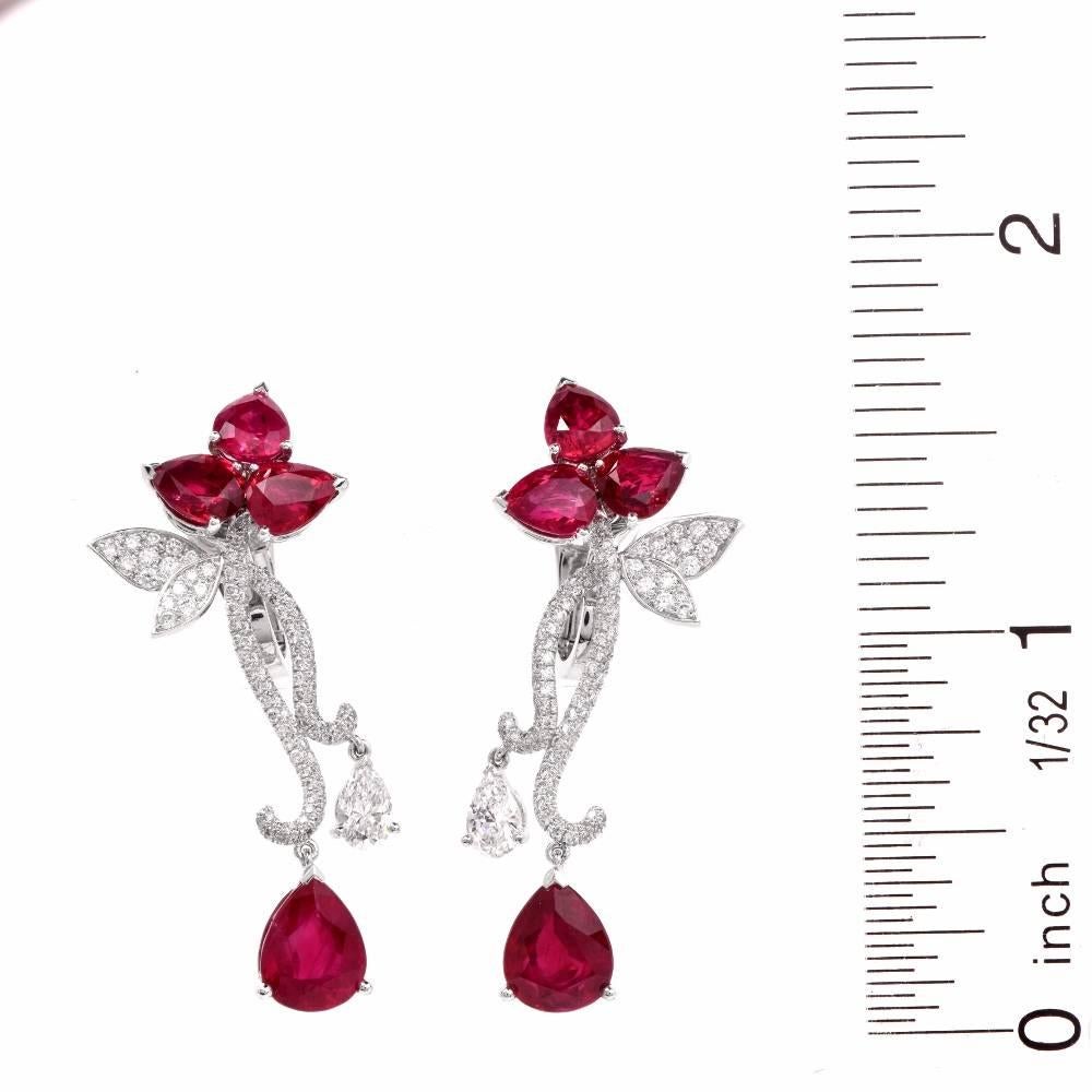 Modern French  Ruby Diamond Flower Earrings In Excellent Condition In Miami, FL