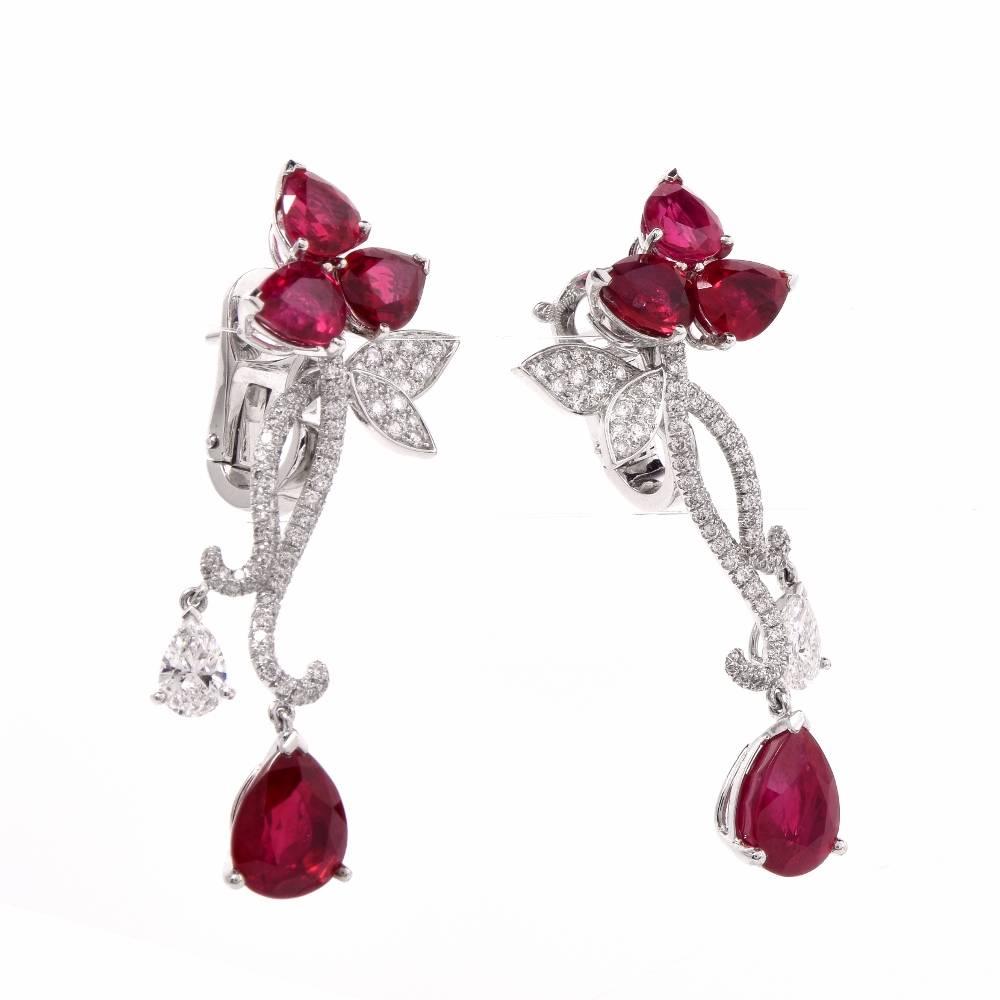 Women's Modern French  Ruby Diamond Flower Earrings