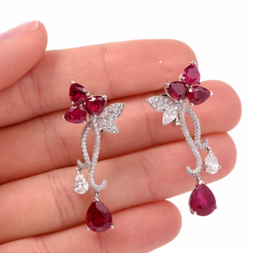 Art Deco Modern French  Ruby Diamond Flower Earrings