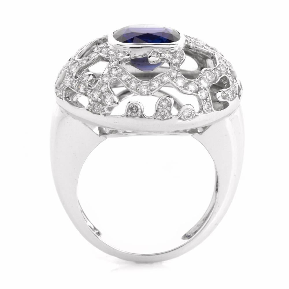 Art Deco French 4.68 Sapphire Diamond  Cocktail Ring 
