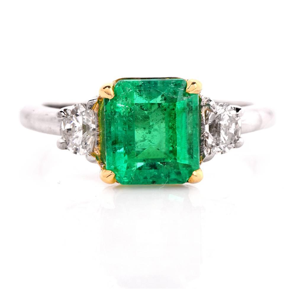 This exquisite Platinum ring is centered with an enchanting genuine sparkling square Asscher-cut Colombian emerald of intense green color, approx. 2.17cts. Set with two half moon diamonds on the sides approx. 0.35cts, graded G-H color, VS1-VS2