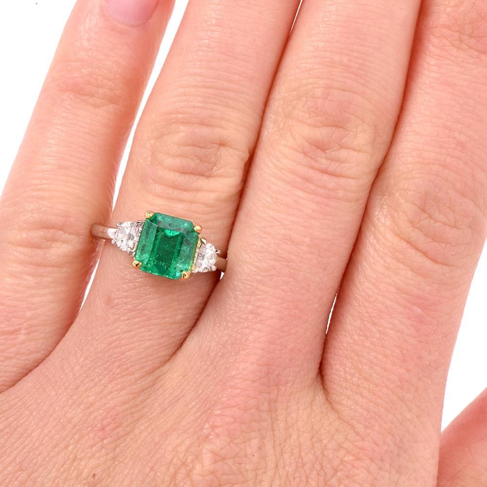 Asscher-Cut Colombian Emerald Diamond Three Stone Platinum Ring In Excellent Condition In Miami, FL
