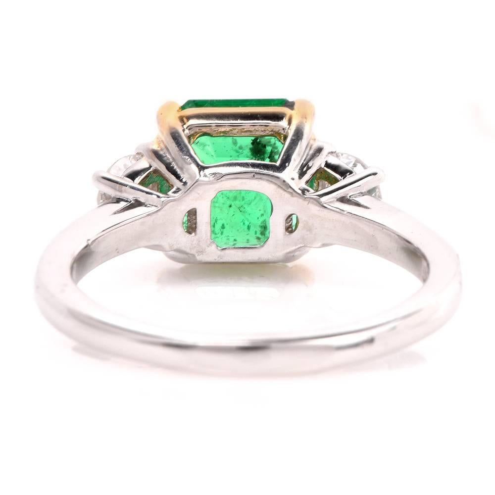 Women's Asscher-Cut Colombian Emerald Diamond Three Stone Platinum Ring